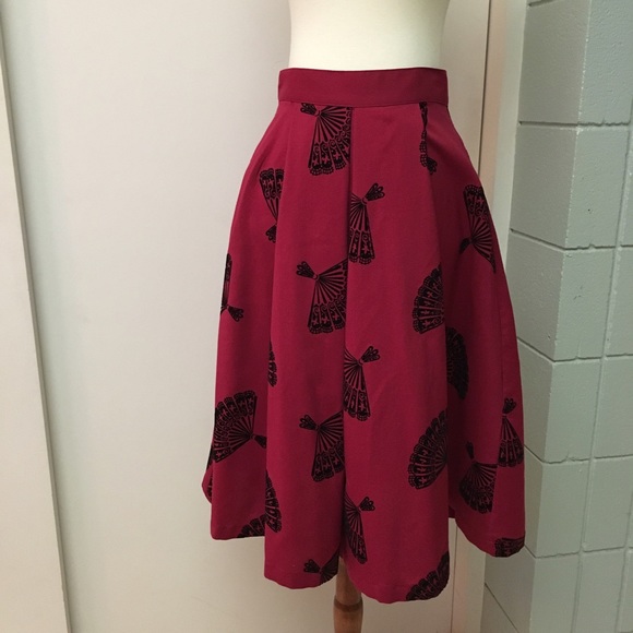 Burgundy red fan print circle skirt by Tatyana - Picture 2 of 5